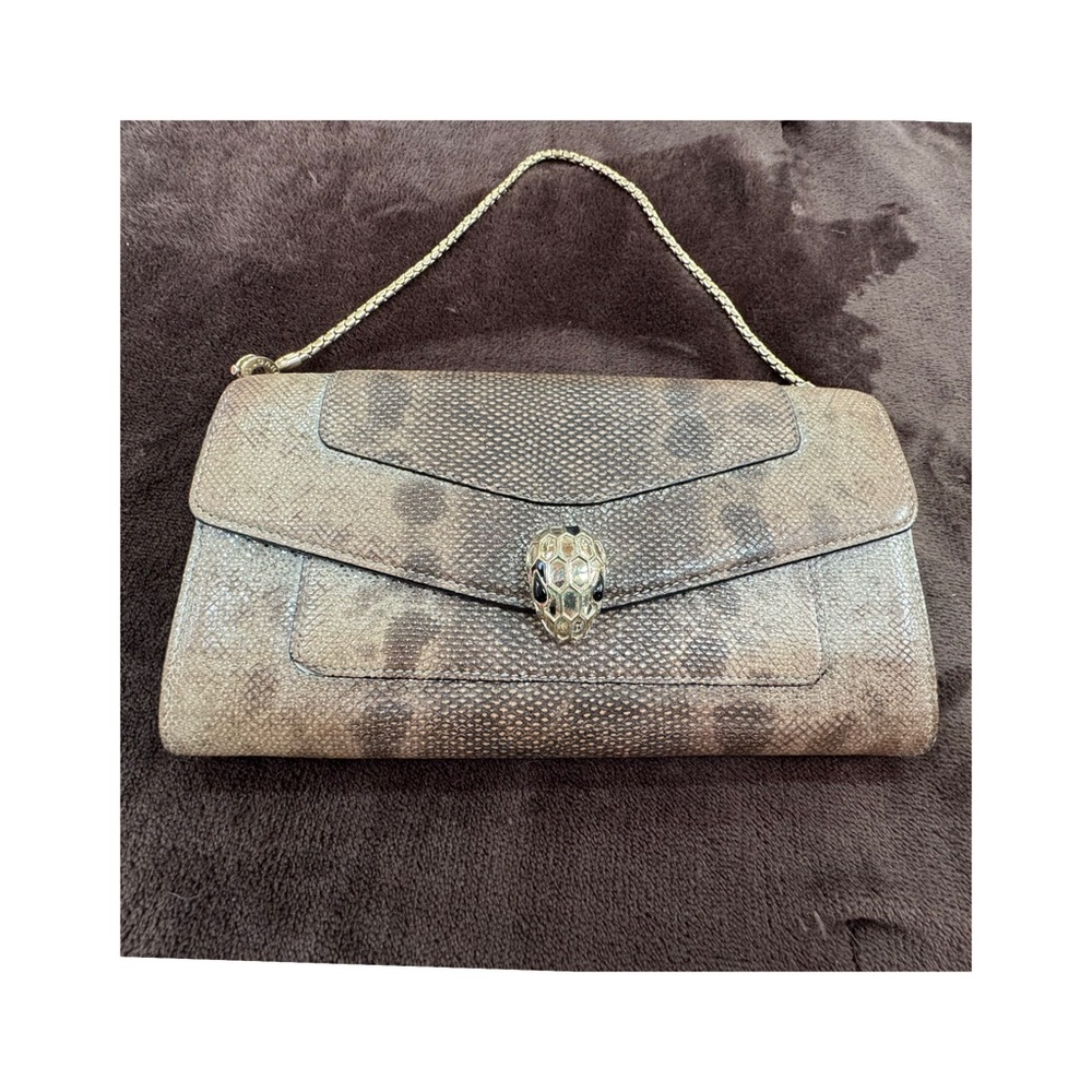 Bulgari Brown Textured Serpent Head Clutch with Gold Chain